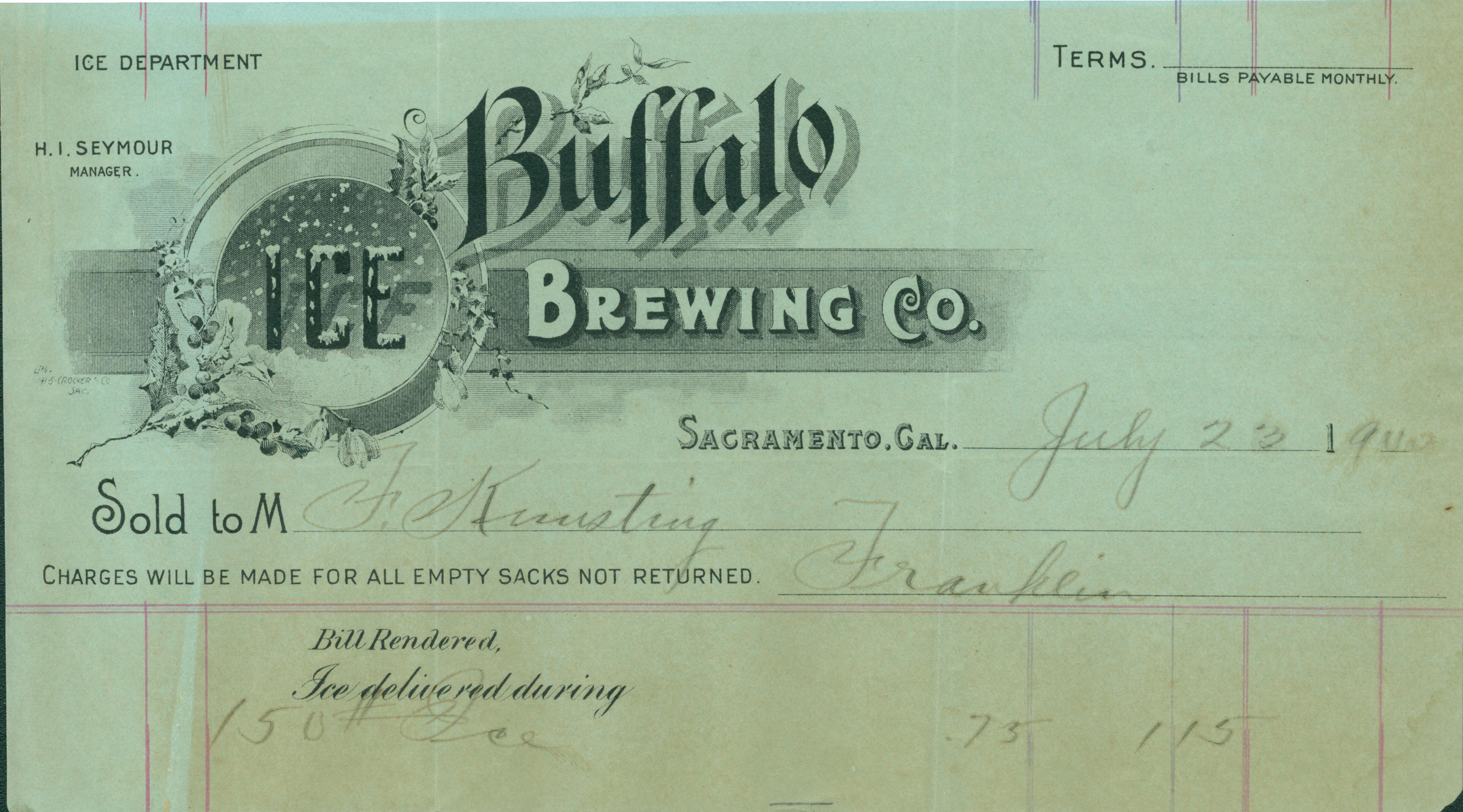 This receipt shows information about an ice order Kunsting made with the Buffalo Brewing Company Ice Department in 1900.